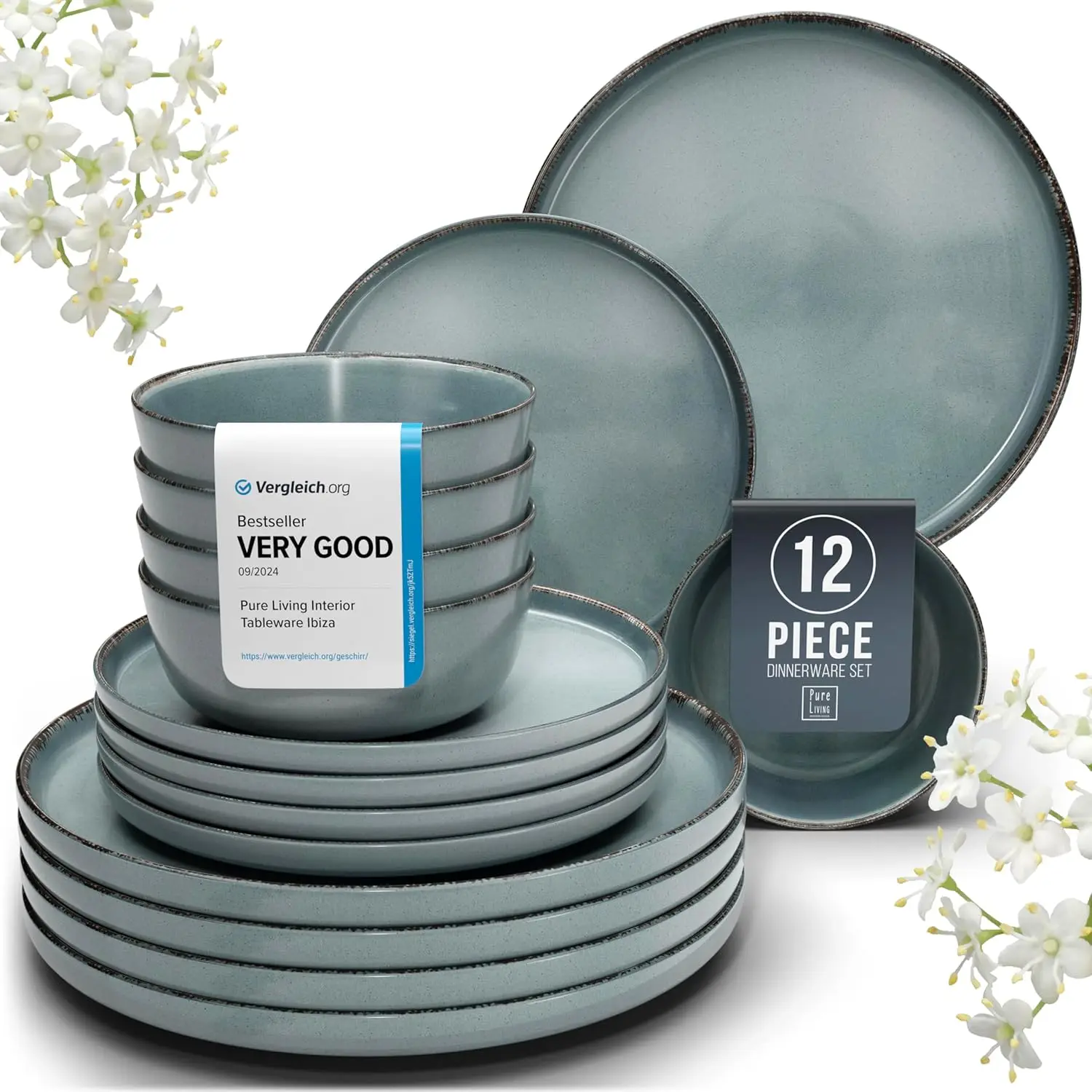 

Stoneware dinnerware set 4 persons Rustic 12 pcs - Rustic design dinnerware set, dishwasher safe - Bowl and plate set - Pure Liv