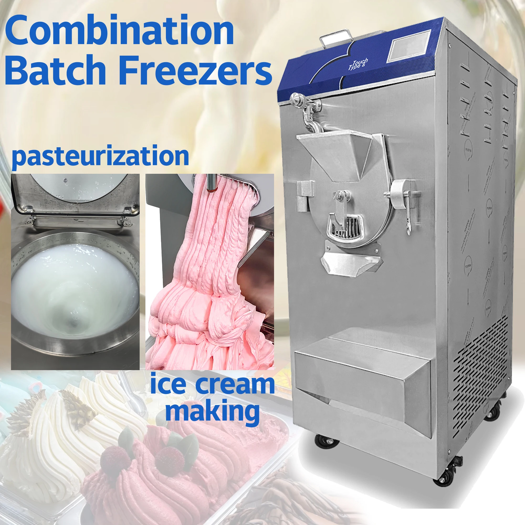 60L/H 304 Stainless Steel Gelato Machine With Pasteurizer Floor Standing Continuous Churning Combo Hard Ice Cream Machine