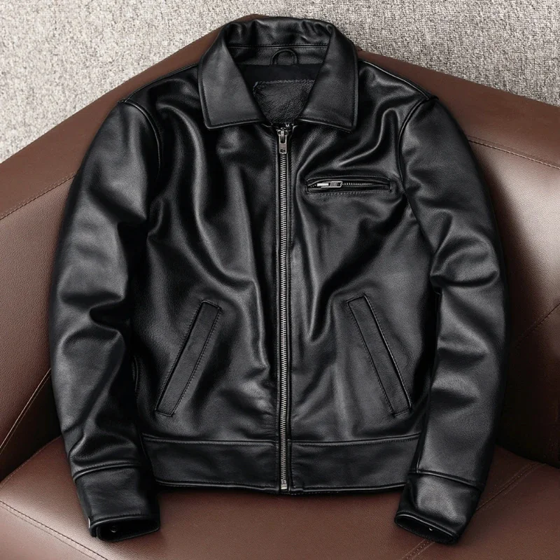 Leather Genuine Cowhide Jacket Autumn Casual Motorcycle Trend Lapel Collar Short Coat Men Plus Size Streetwear