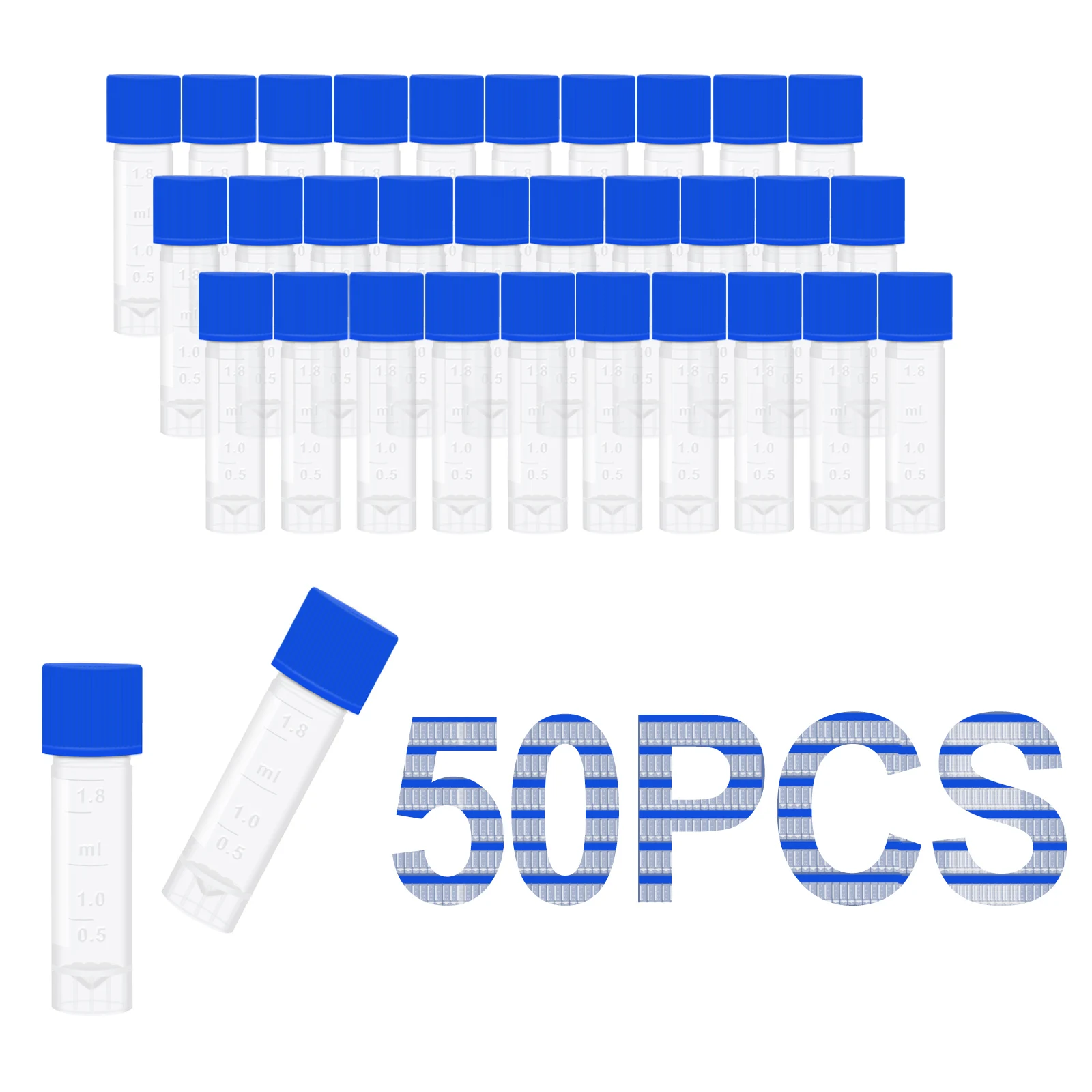 50PCS 1.8ML Cryotubes + 50-Hole Cryotube Box, Sample Bottles With Screw Caps/Scale/Writing Area, For Low-Temperature Storage
