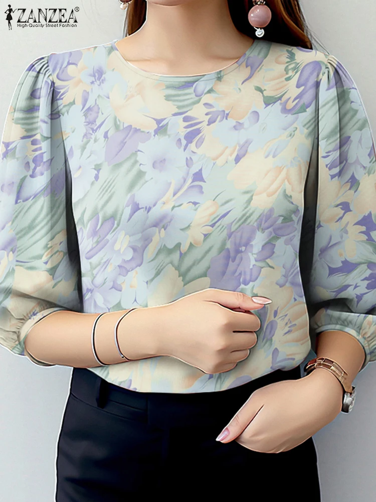 ZANZEA Autumn 2024 Daily Blouses Classy Women Floral Printed O Neck Tops Leisure 3/4 Puff Sleeve Elegant Casual Blusas Mujer