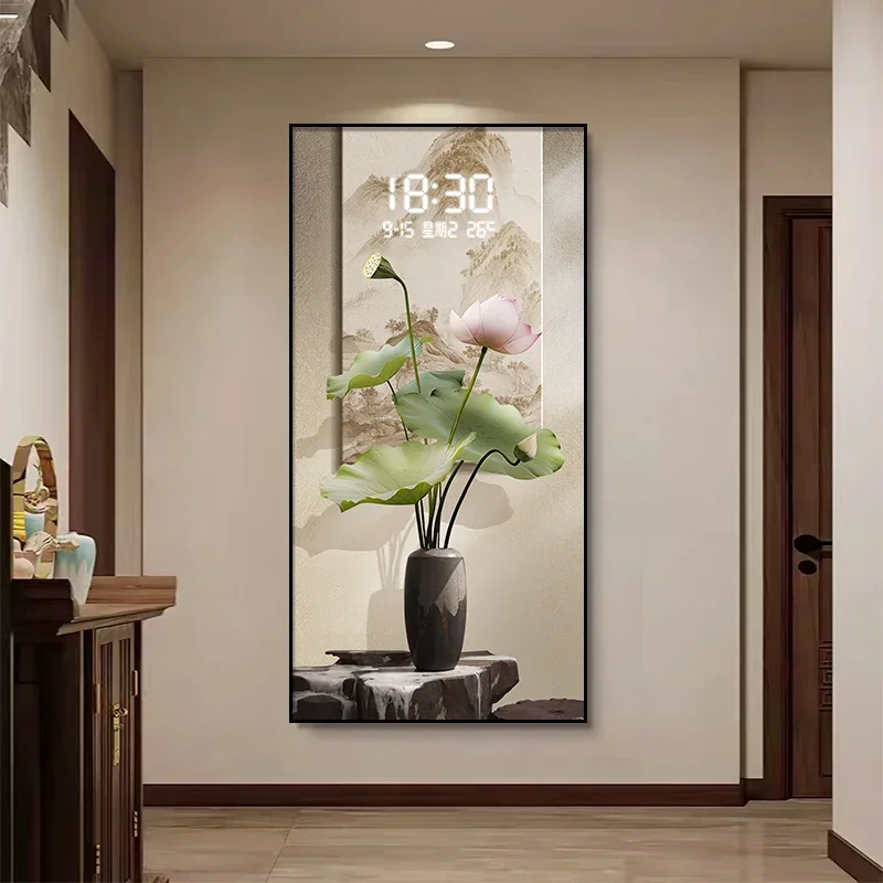 Chinese Style LED Wall Clocks Entrance Decoration Painting Electronic Screen Clock Living Room Mural Light Wall Watch Home Decor