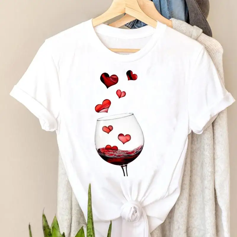 T-shirts Tee Fashion Trend Short Sleeve Women Ladies Tshirt Top Wine Style Trend Printing Lady Print Travel Graphic T-Shirt