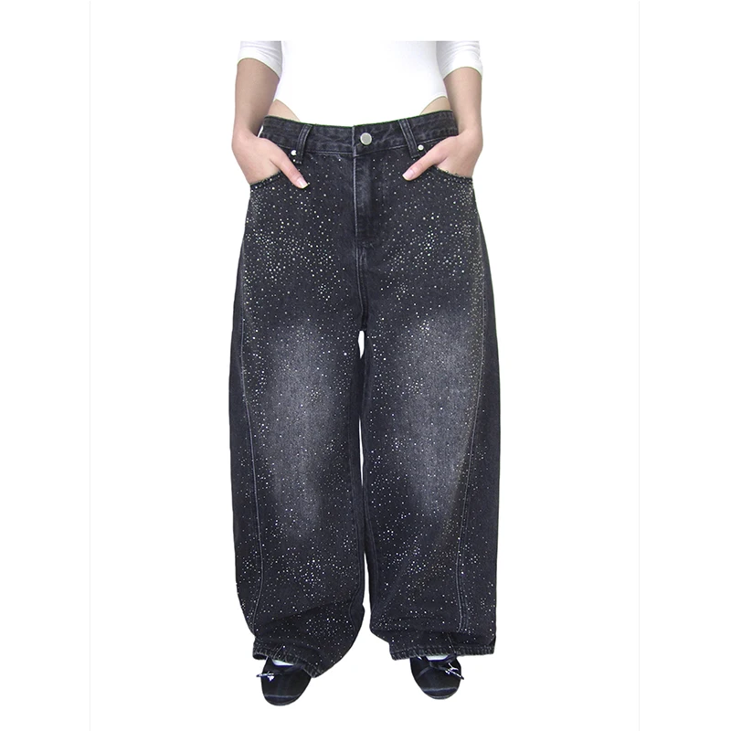 Spring 2026 American Style Glitter Wide Leg Jeans Women's Casual Patchwork Loose Fit Knife  Denim Pants Commute Style Pur...