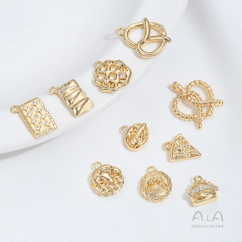 

Strong Color 14K Gold Bag Love Bread Biscuits Cheesecake Pizza Burger Hot Dog Pendant DIY Jewelry Accessories