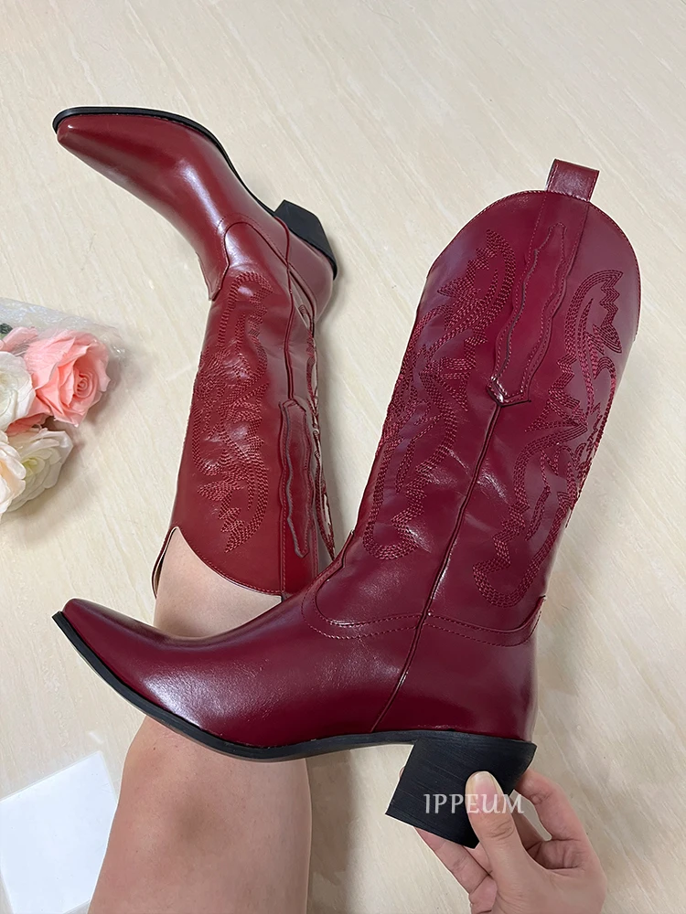 

IPPEUM Red Cowboy Boots Women Western Knee High Shoes Leather Fashion Mid Calf Cowgirl Botas