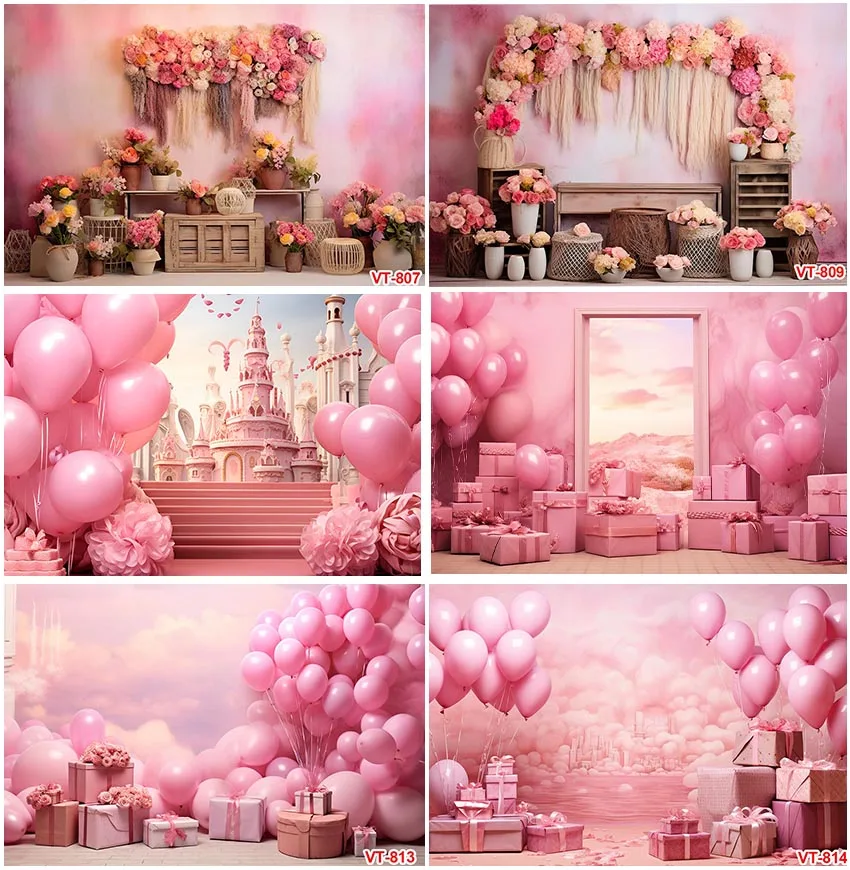 

Photography Pink Balloons Floral Castle Gifts Box Baby Shower Newborn Portrait Backgrounds Photocall Decor Studio Photo Backdrop