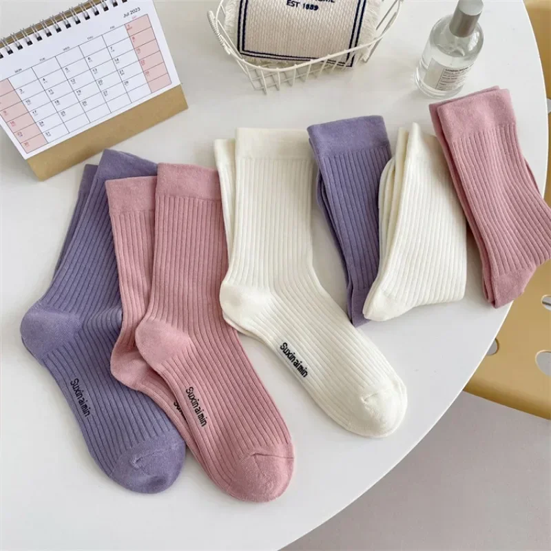 Loose Long Socks Solid Colors Women Socks Japanese Women Cotton Knitting Harajuku Vintage Socks Fashion School Girls Black Beige