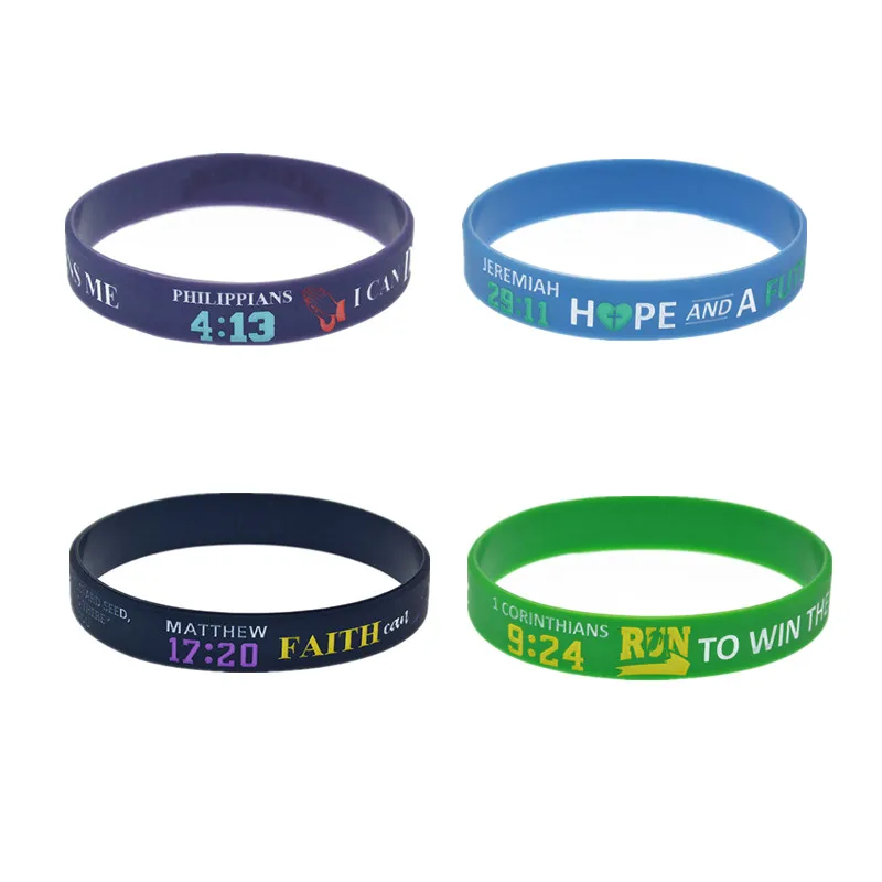 1PC/4PCS Jesus Silicone Bracelet 1 Corinthians 9:24 Matthew 17:20 Philippians 4:13 Jeremiah 29:11 The Holy Bible Rubber Bangle