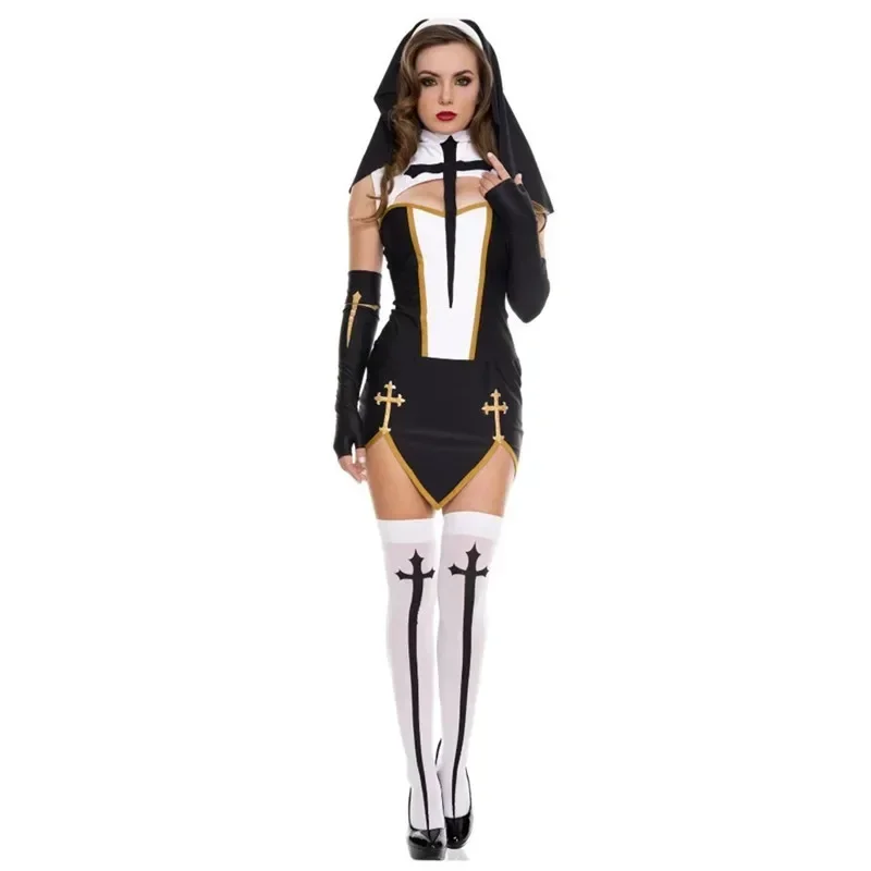 Volledige Set Sexy Slechte Gewoonte Nun Kostuum Vrouwen Exotische Rollenspel Uniform Adult Halloween Cosplay Religieuze   Dress