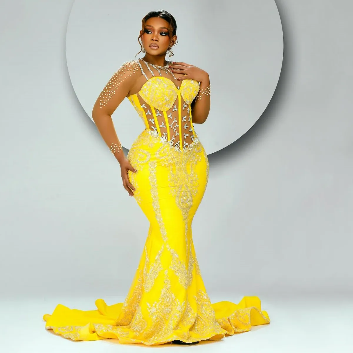 IIlusion Neckline Long Sleeves See Through Mermaid Prom Dress Nigerian Plus Size Evening Dresses For African Women Formal Gowns