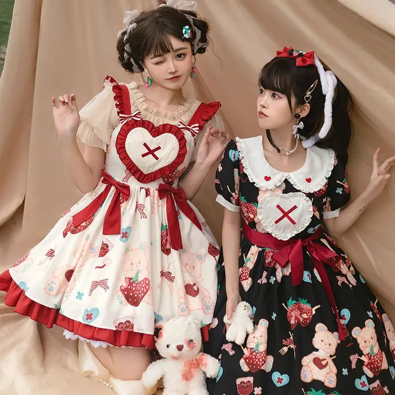 

NONSAR Japanese Sweet Lolita JSK Princess Dress Women Harajuku Kawaii Bear Ptinted Bow Ruffles Sleeveless Summer Mini Dress