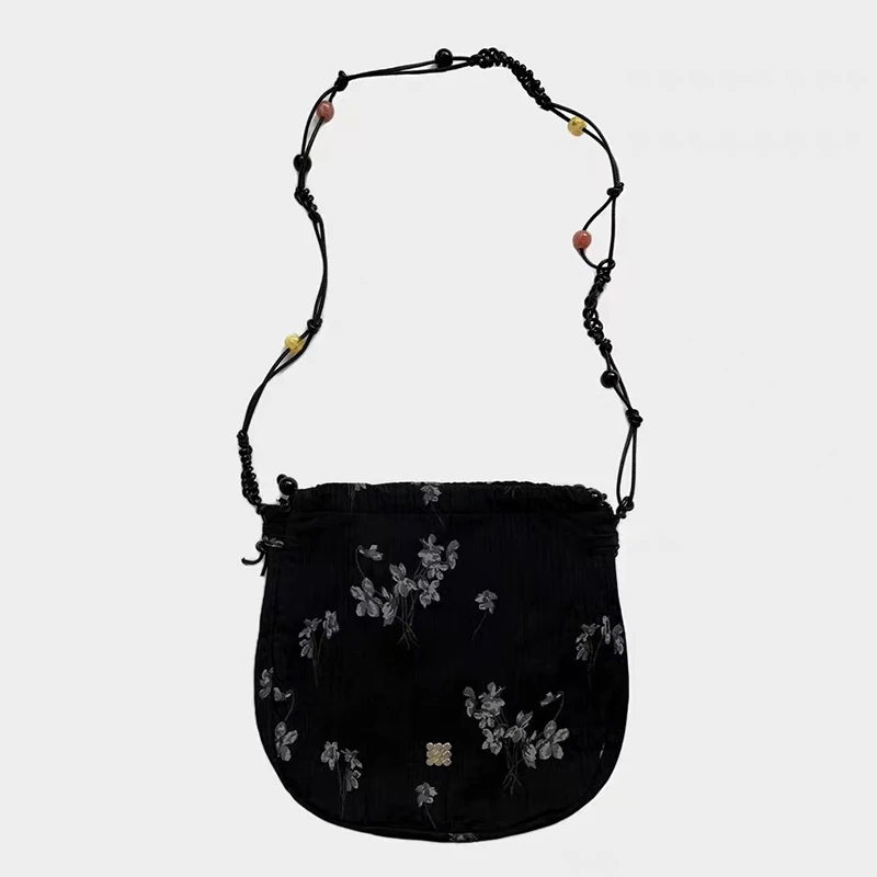 

Vintage Shoulder Bag Floral Print Woven Beaded String Crossbody Bag Women Canvas Cloth Black Small Bags