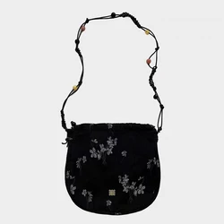 Vintage Shoulder Bag Floral Print Woven Beaded String Crossbody Bag Women Canvas Cloth Black Small Bags