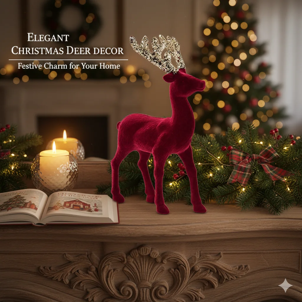 

Red Flocked Velvet Reindeer Ornament with Glittering Horns Christmas Elk Decoration for Home Table Tree Holiday Party Decor