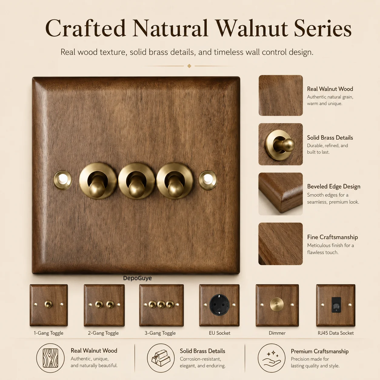 High Quality Retro Europe Type Vintage Wall Light Switch Socket, Solid Wood Brass Toggle Switch Plate, Antique Home Stay Switch image 4