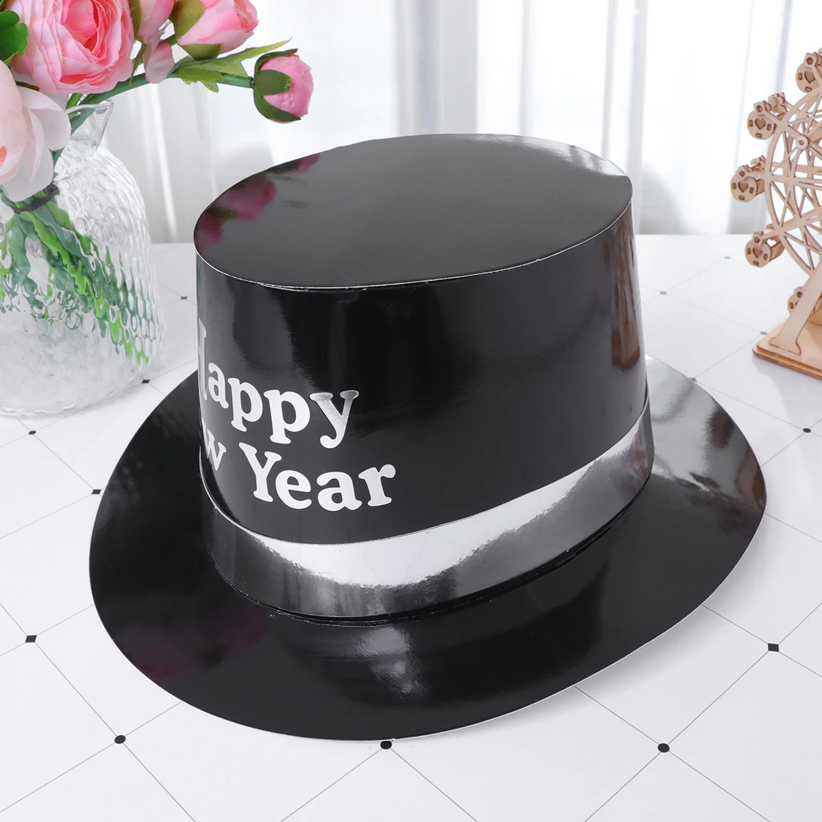 

8PCS Party Tophat Paper Hats Creative Headdress Decorations Happy New Year Printing Party Favors Props for Cosplay Party (White