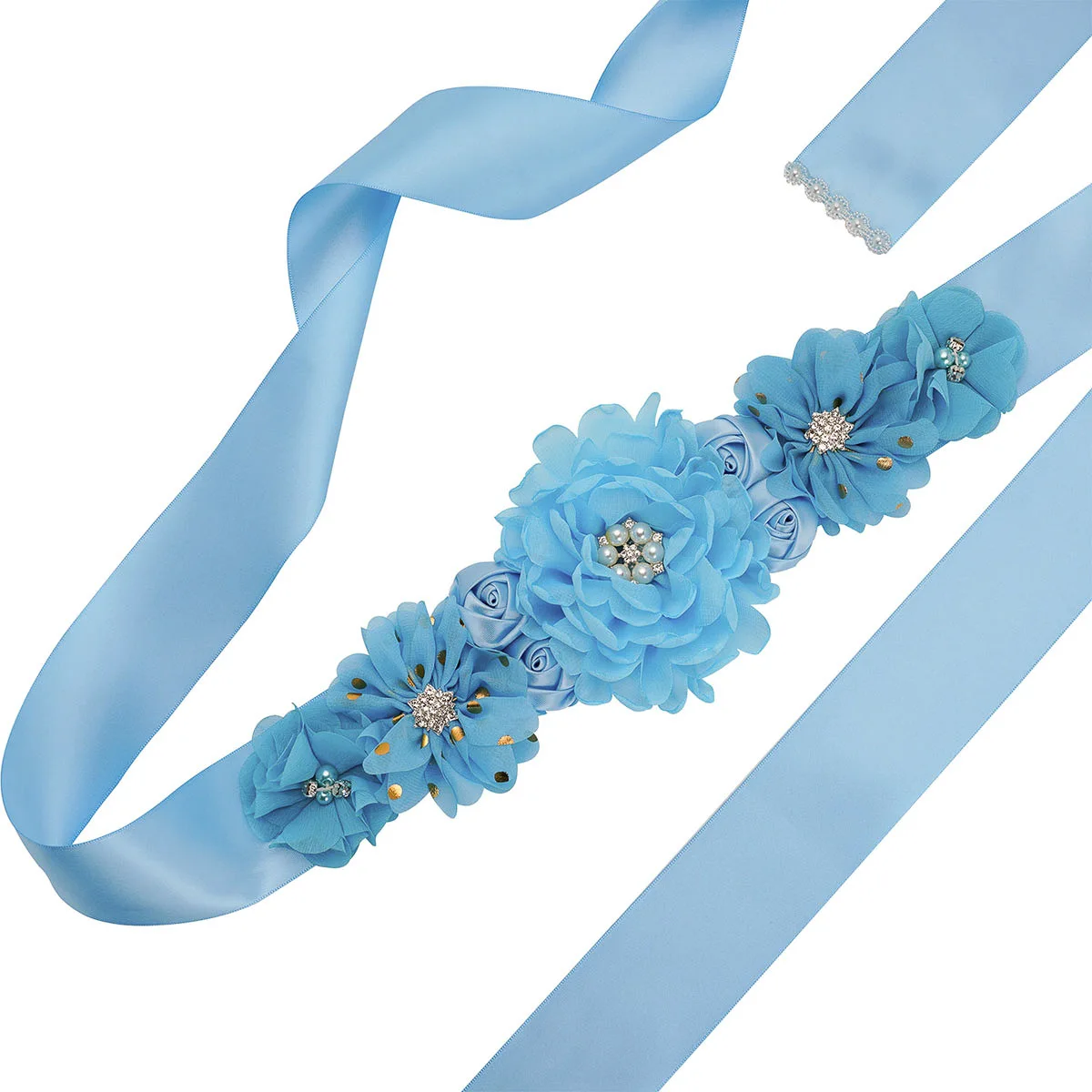 Newest Sky Blue  Handmade Flowers Pearls Wedding  Belt  Baby Shower Prom Evening Party Bridesmaids Satin Sash