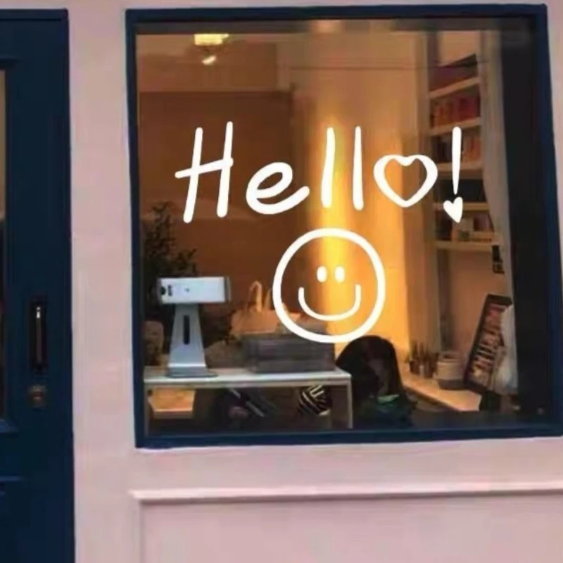 

Hello English Text Lovely Cute Smiling Wall Stickers Nordic Style Gold Decorative Stickers Shop Window Glass Door Wall Stickers