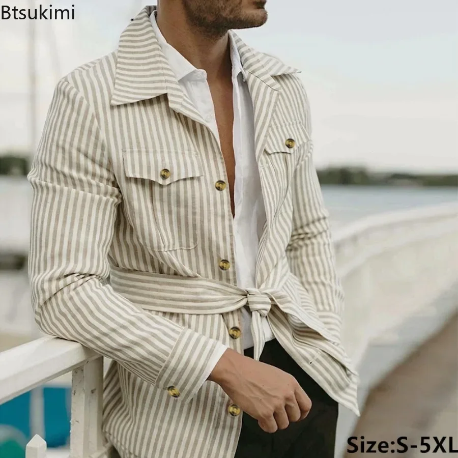 New 2024 Spring Autumn Men\'s Clothing Trend Striped Multi-pocket Men Cardigan Suit Jackets Business Casual Lace-up Coats for Men