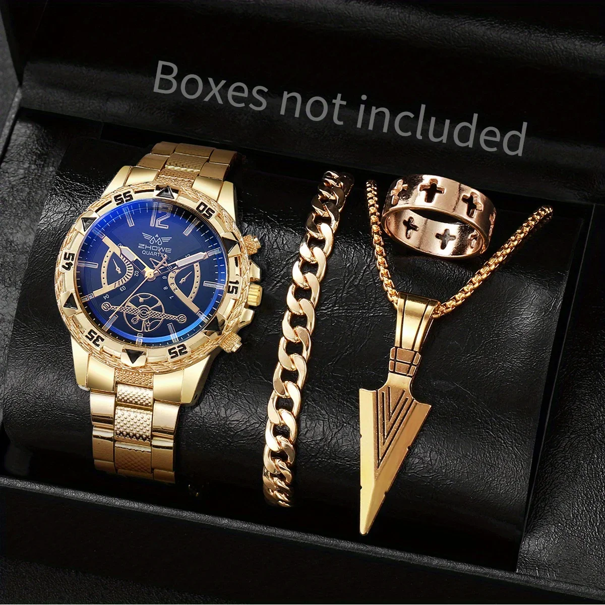 4pcs - Fashion Men's Watch Casual Gold Strap Men's Quartz Watch European and American Small Arrow Pendant Necklace Jewelry Set