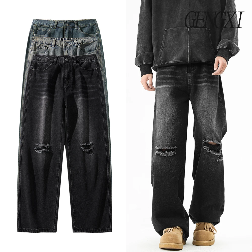 

Men's high street ripped jeans, vintage washed distressed mid-rise straight leg casual trousers, Korean style wide leg trousers