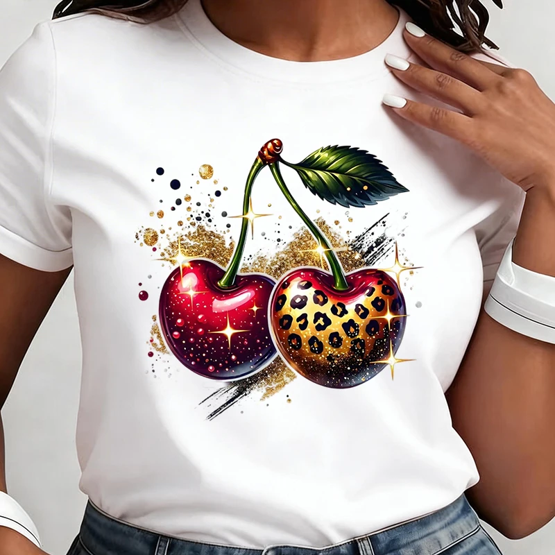 Lustiges Leoparden-Frucht-Print-Kurzarm-T-Shirt für Damen, lässiges Kurzarm-T-Shirt, grafisches T-Shirt für Damen, Kleidung, Tops, T-Shirts