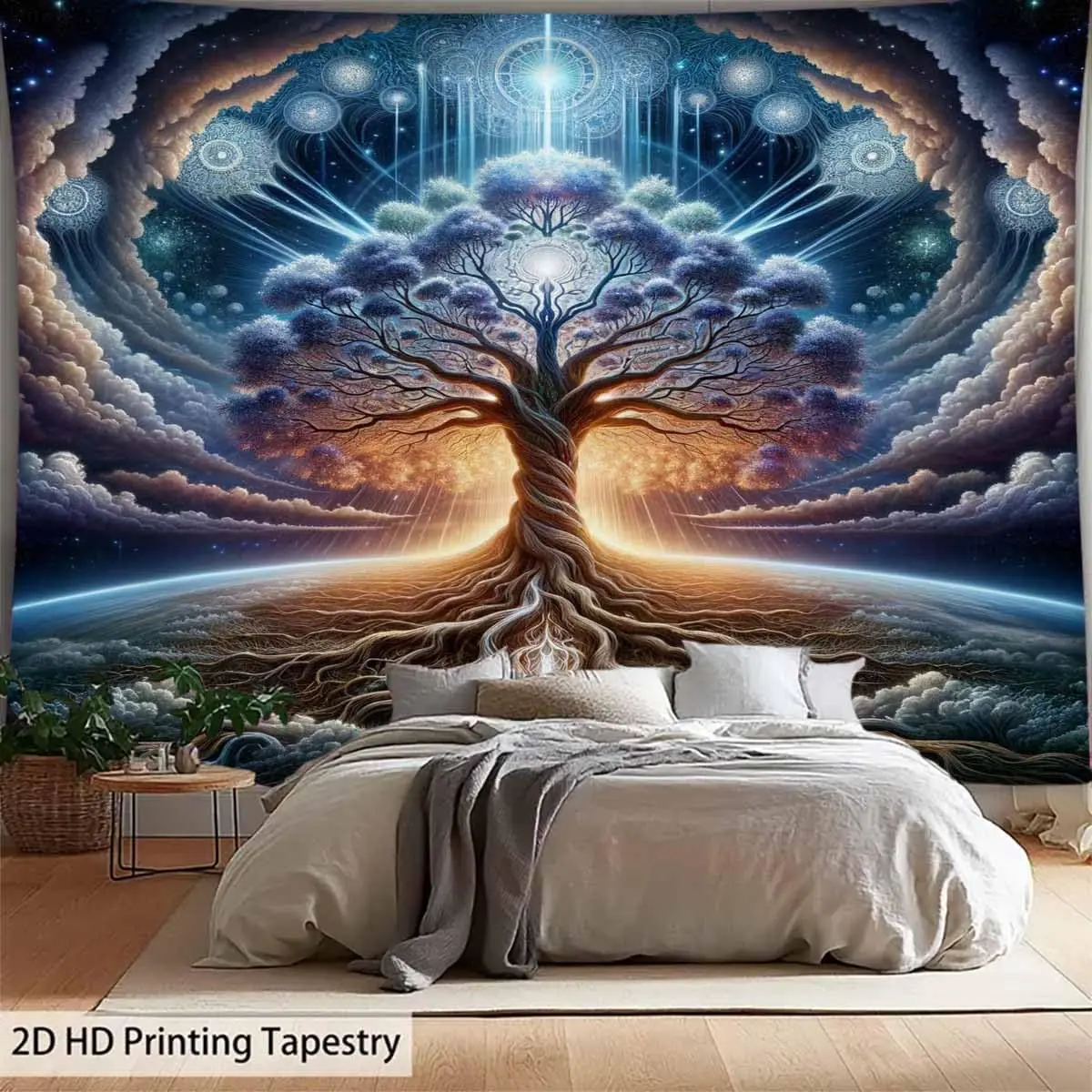 Tapiz Árbol de la Vida, Tapiz de Galaxia Gris y Azul, Tapiz Estético para Colgar en la Pared, Tapiz de Cielo Nocturno Espacial para Dormitorio Masculino