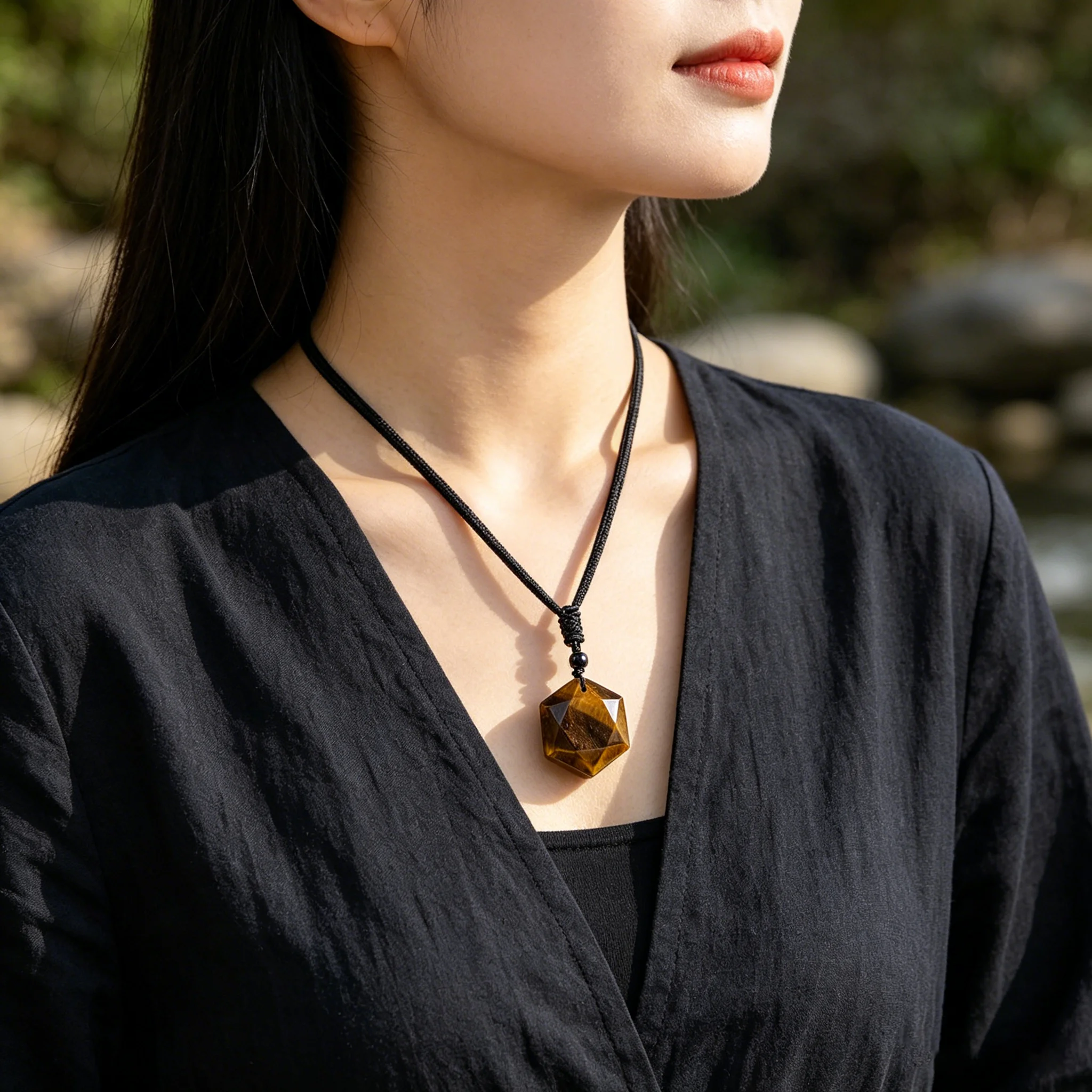 Natural Faceted Tiger Eye Stone Hexagram Pendant Necklace Adjustable Braided Rope Spiritual Meditation Unisex Fashion Jewelry