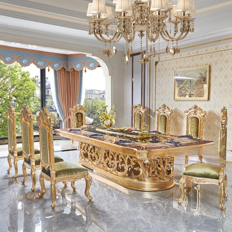 

European wood parquet French long dining table solid wood carving flower European electric dining table hotel function