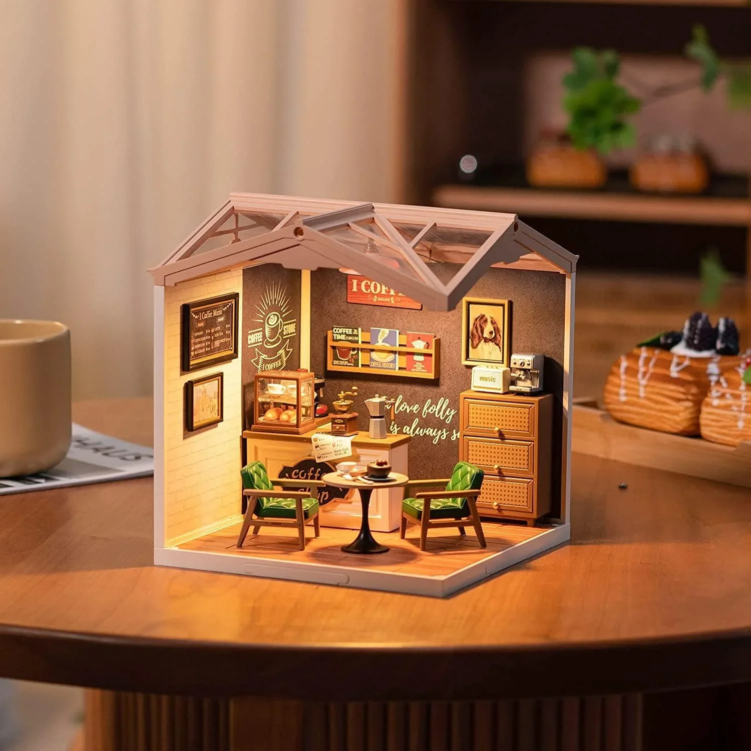 Conjunto de construção de casa de bonecas em miniatura com LED, kit de jogo de café DIY para adolescentes e adultos, presente de brinquedo de construção, decoração de quarto Diorama