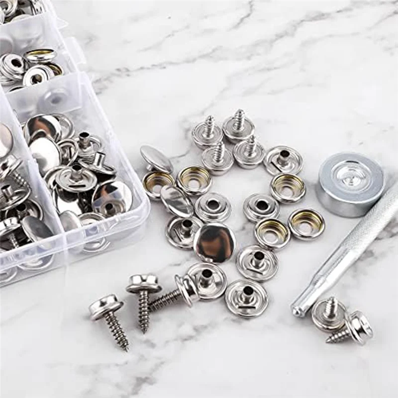 -FDDT 120Pcs Snap Fasteners Marine Canvas Snaps Set With 2Pcs Setting Tool Stainless Steel Snap Buttons Snaps With Screws