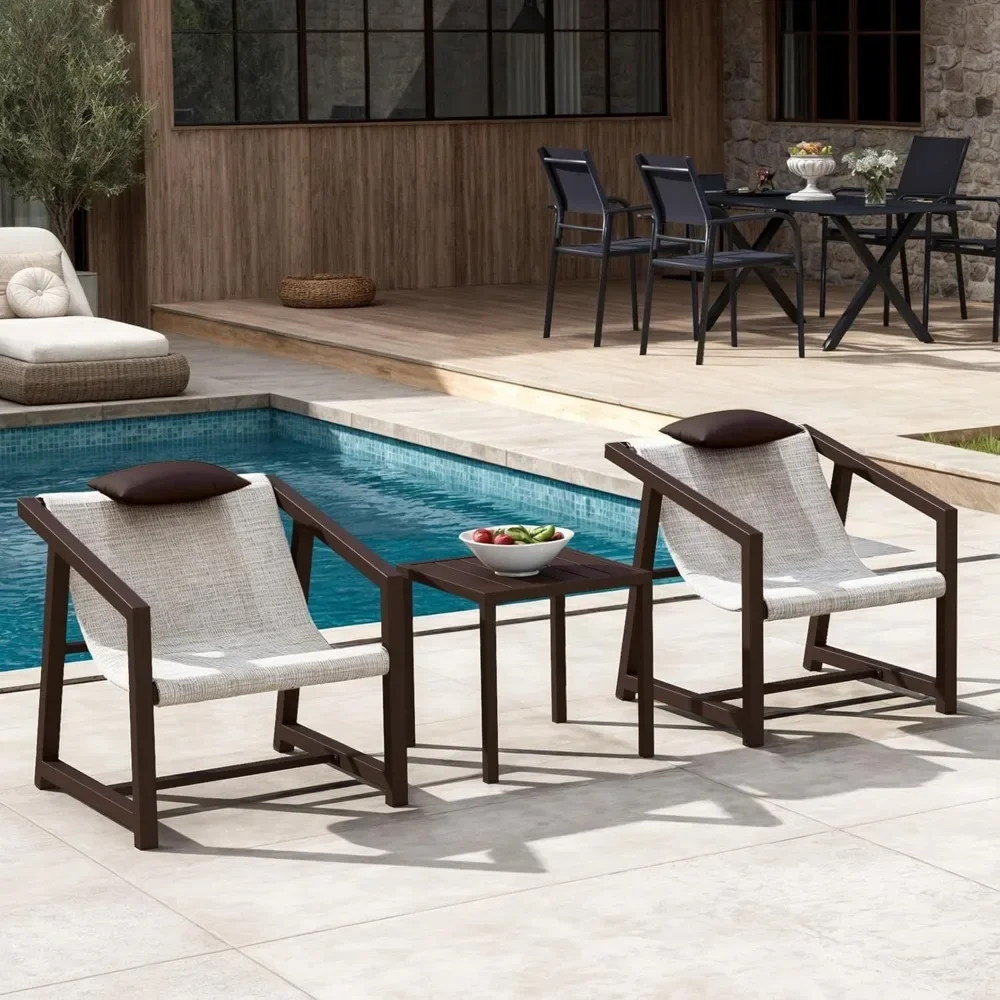 

3 Pieces Patio Conversation Bistro Set, Textile Patio Furniture Set with Side Table & Headrest Pillows, Outdoor Sectional Sofa