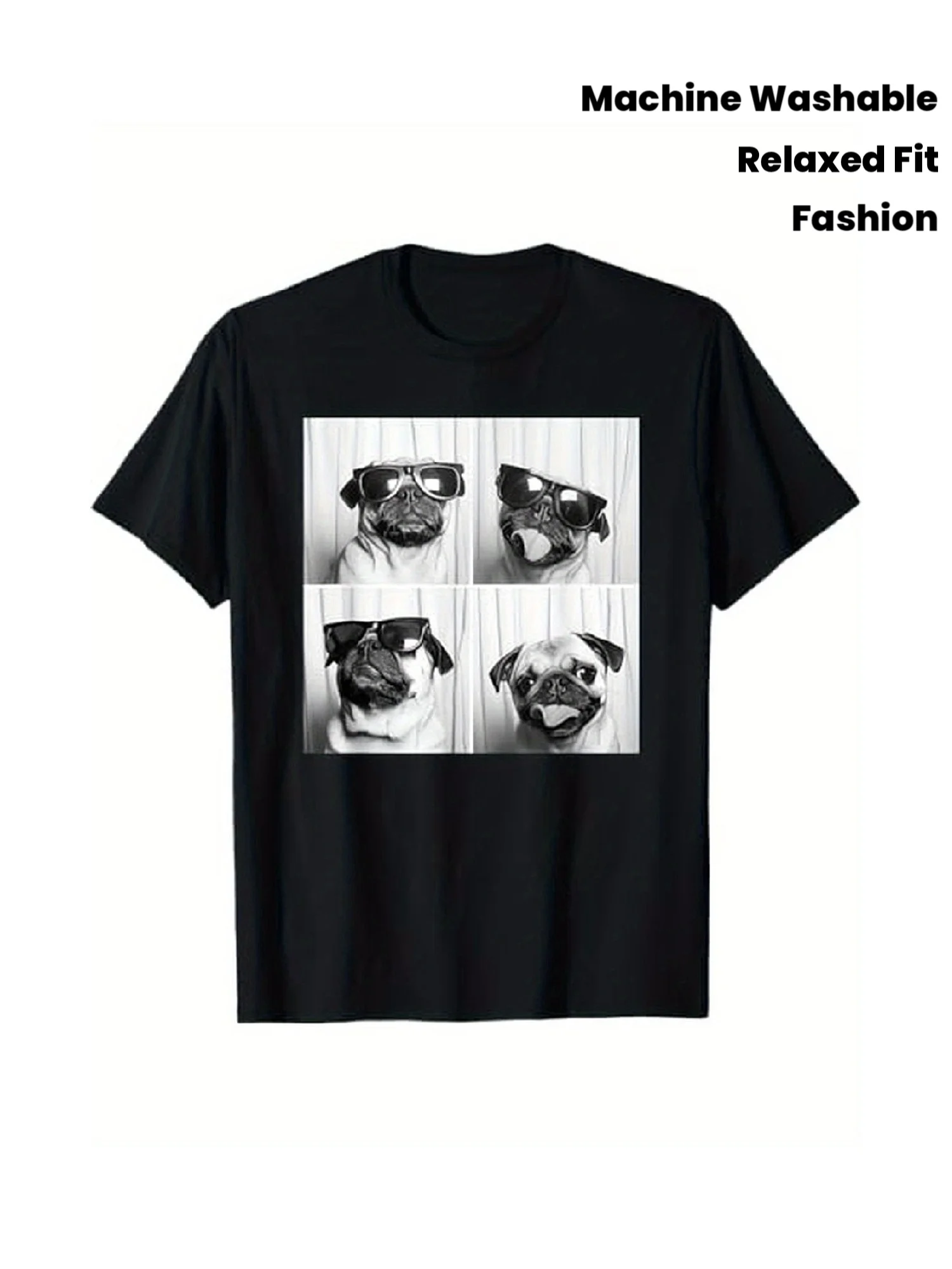 Men's Pug Dog Pattern T-Shirt with Fashionable Glasses - Black and white Pug art print, casual round-neck short-sleeve T-shirt, comfortable for all seasons, suitable for casual wear and Pug lovers, machine washable pet owner apparel, playful dog in artistic portrait, digital printing presents vibrant colors, adult loose fit, fun and trendy men's fashion