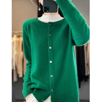 Autumn and winter new Merino 100% wool solid color warm female O-neck knitted long sleeve solid color cardigan