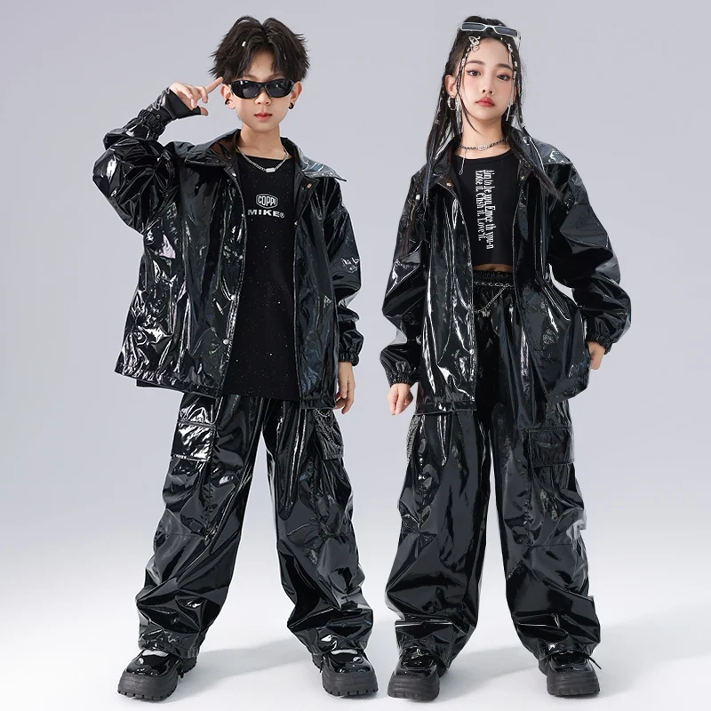

Jazz Dance Boys Girls Kids Clothing Hip-hop Black Long Sleeve Suit Street Dance Clothes Suit Catwalk Show Costumes DQL9612