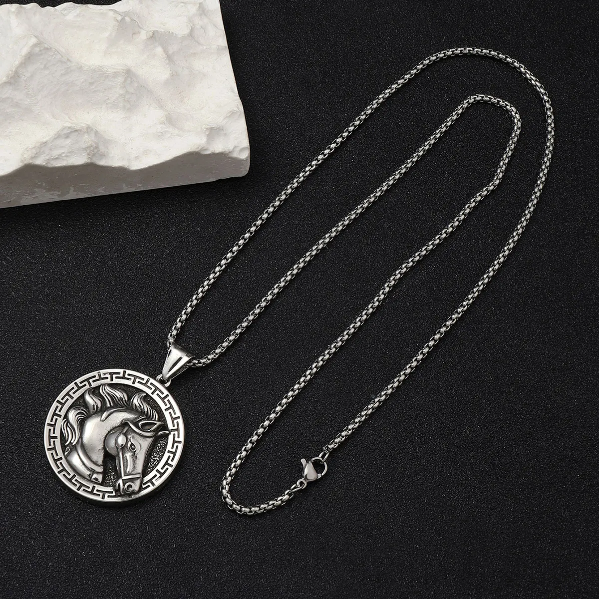 Trendy Stainless Steel Chain Necklace Antique Horse Pendant Men Vintage Cool Street Hip Hop Jewelry  Gifts Factory Price