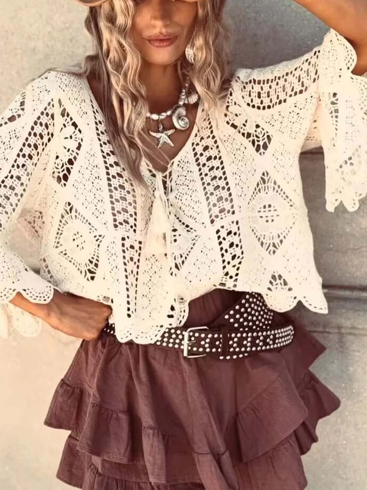 Top Estivo con Maniche a Campana, Tinta Unita, Copricostume da Spiaggia, Scollo a V, Trasparente, con Lacci, Elegante Camicia Traforata in Rete per Vacanze