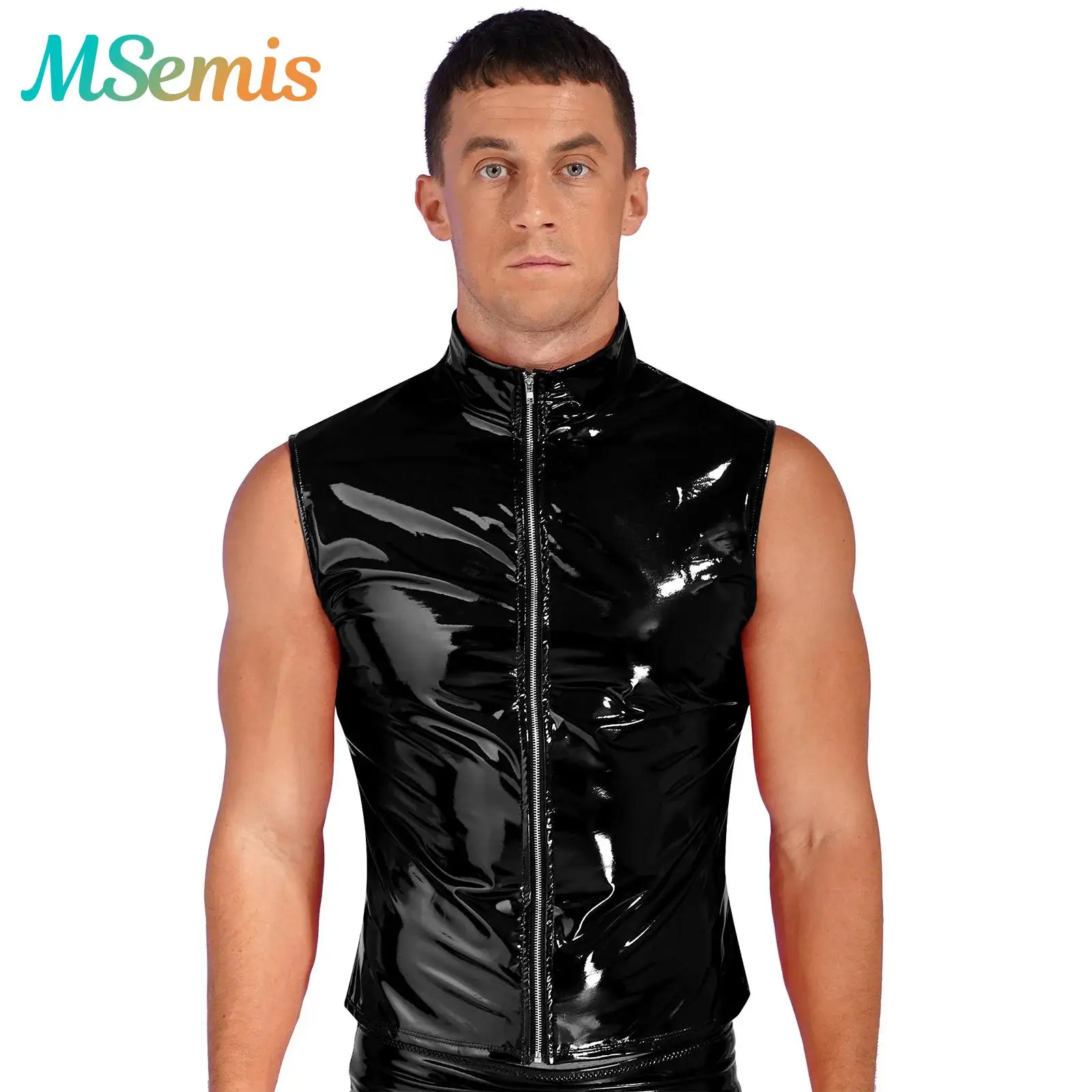 Tops cortos de charol brillante para hombre, chaleco con cuello levantado de charol, ropa para discoteca, chaqueta sin mangas con cremallera, ropa gótica Punk para discoteca