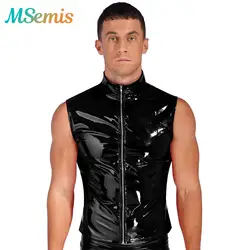 Mens Glossy Patent Leather Crop Tops Patent Leather Stand Collar Vest Top Clubwear Zipper Sleeveless Jacket Gothic Punk Clubwear