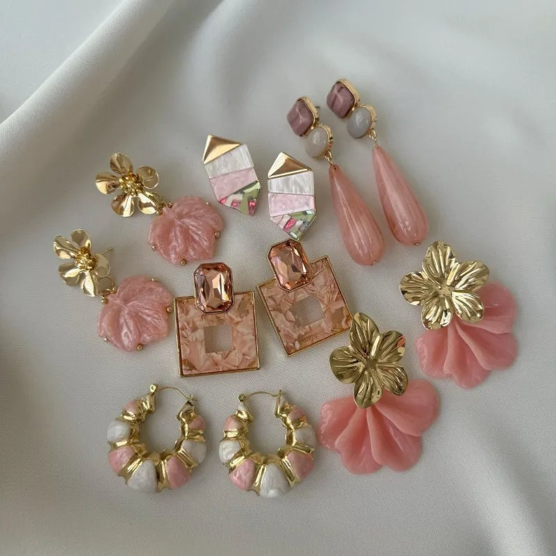 New Pink Sweet Earrings Flower Water Drop Fashion Style Small Fresh Versatile Luxury Women Accessories Girlfriend Gift Wholesale