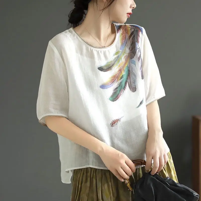 Cotton and Linen Summer 2024 New Women Vintage Printing Loose Elegant Appear Thin Thin Style Casual Round Neck All-match Tops