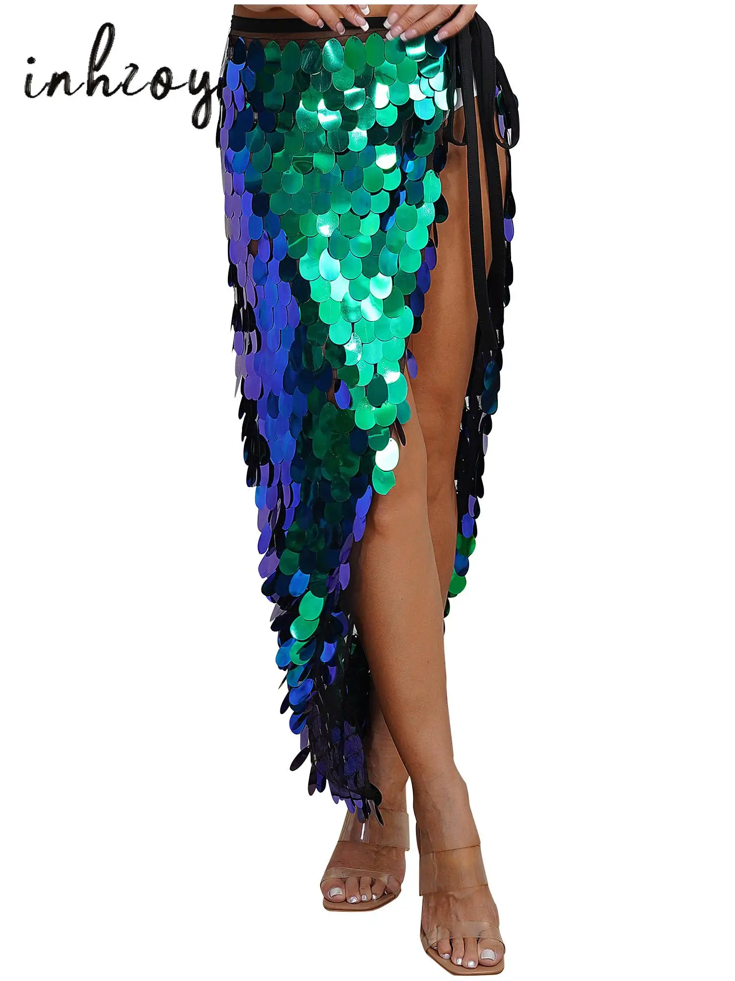 

Women Sequin Wrap Skirt Sexy Lace-Up Belly Dance Hip Skirt Mermaid Role Play Glitter Skirt for Rave Party Night Club Performance