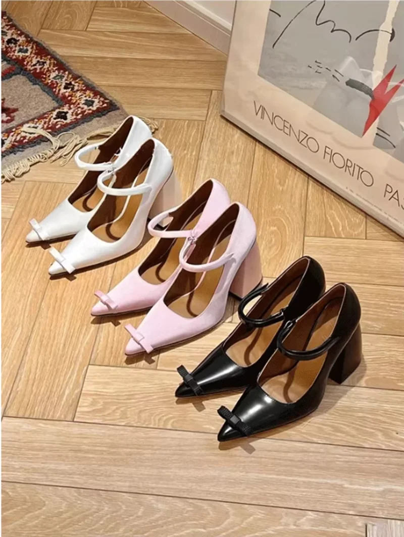 

Elegant Pointed-Toe Multi-Color Mary Jane Pumps Collection Cute Bow Detail Block Heel Women's Shoes for Vintage Versatile Looks