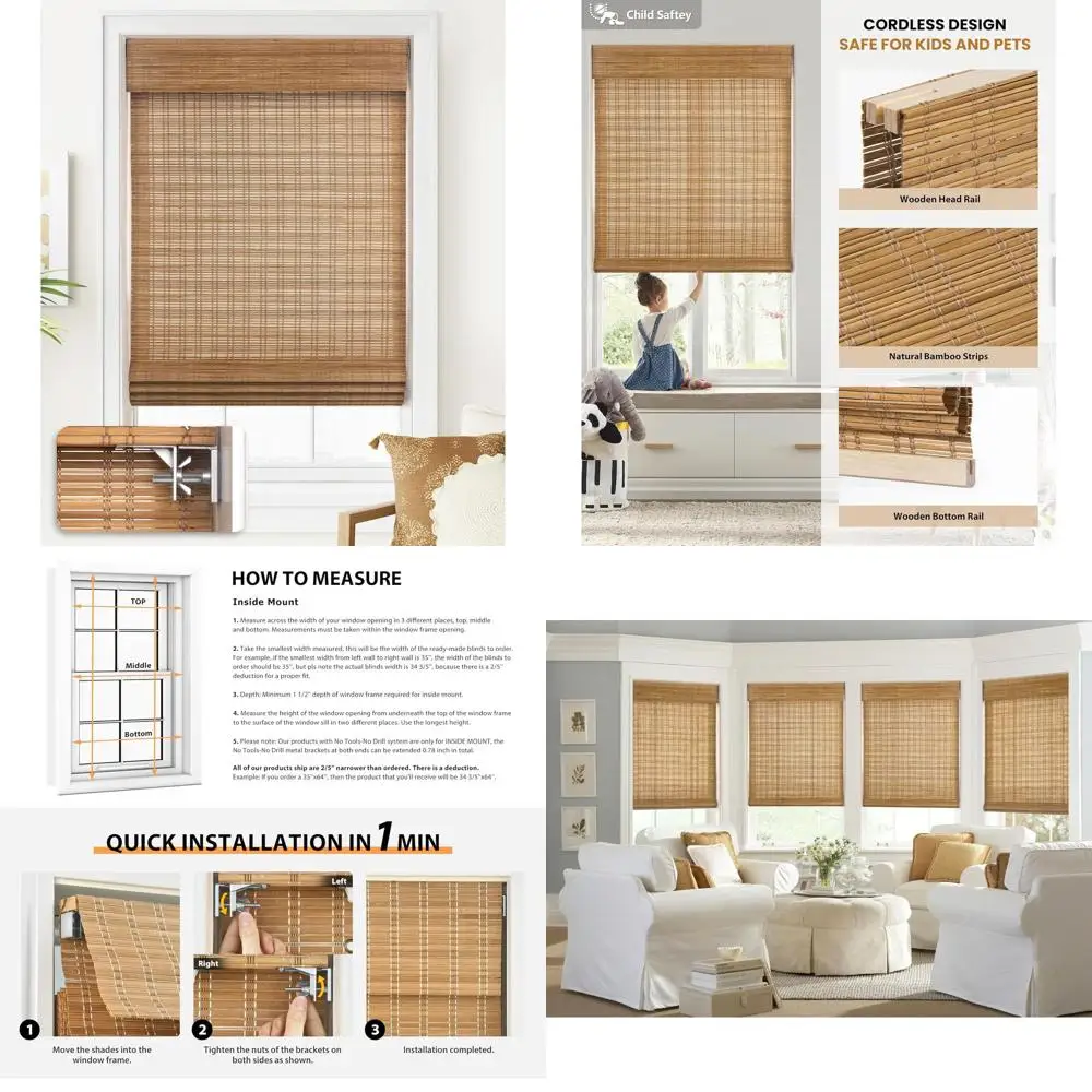 

Беспроводные бамбуковые римские шторы, фильтрация света, 22 Вт x 64 ч, тосканский коричневый цвет