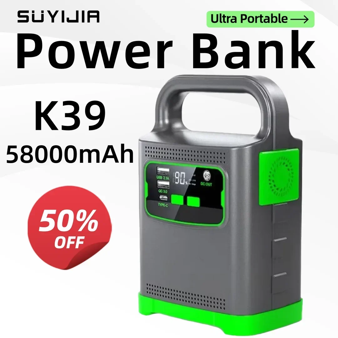 220V Power Bank 130W 58000mAh Energy Storage  Li-Ion Power Station Polymer Outdoor Camping PowerBank with Socket LED Light