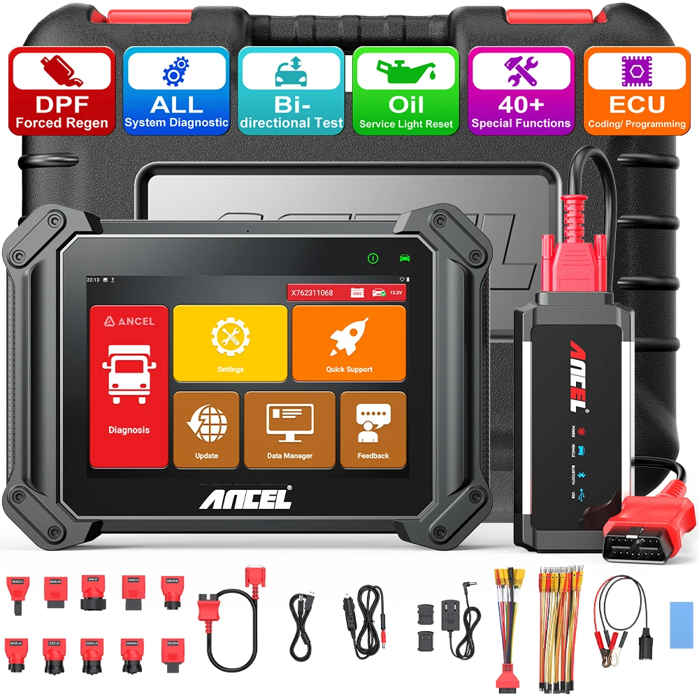 

ANCEL V6 HD Heavy Duty Truck Scanner Diesel ECU Coding Bi-directional Control D.PF Regen for Cummins/Caterpillar/Paccar/Detroit