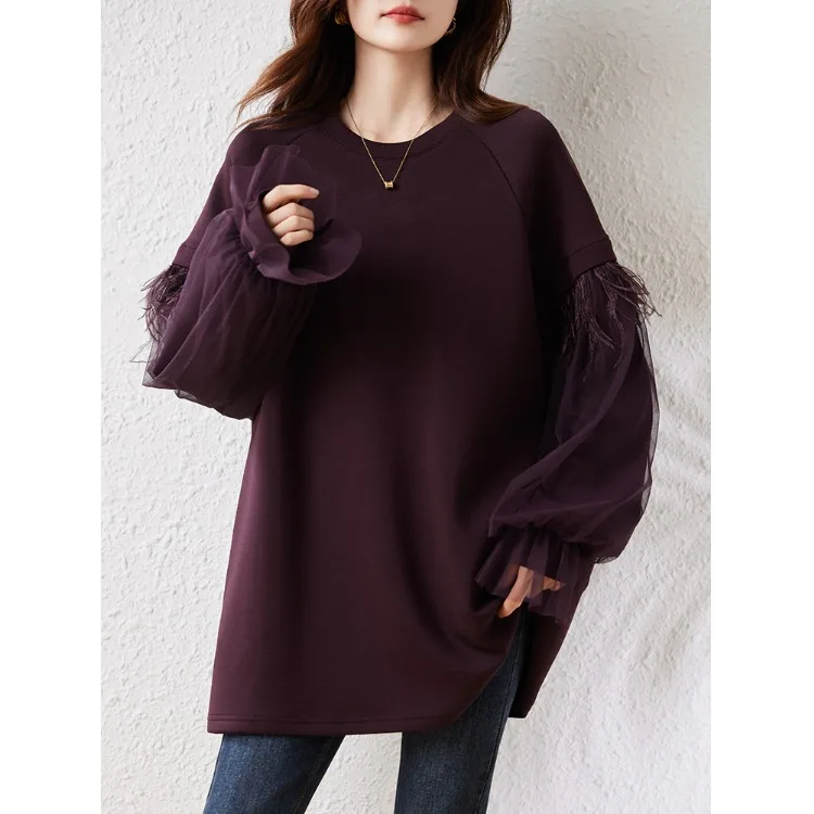Felpa lunga autunno inverno Sve Me Splicing taglie forti Abbigliamento donna Midi rotondo Ne Color Top Vestibilità comoda