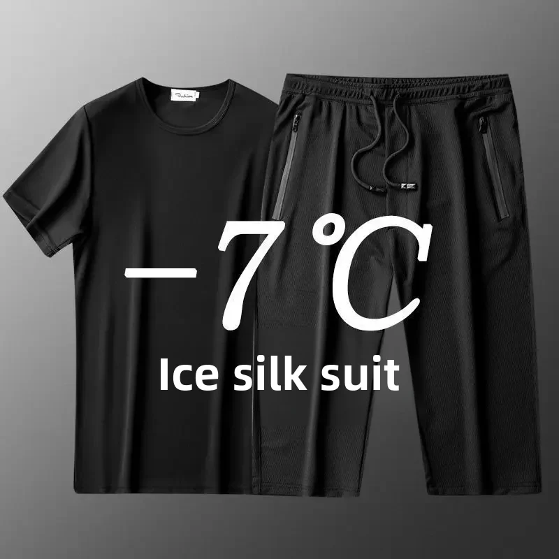 Zomer sneldrogend hardloopsportpak korte mouwen T-shirts heren casual ijszijde 2-delige set