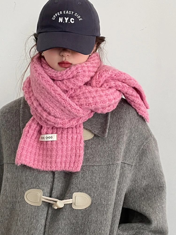 Cachecol de lã de malha feminino, lenço para meninas, cachecol rosa, moda casual, inverno, 2024